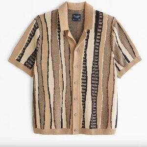 Abercrombie Jacquard Striped Button-Through Sweater Polo - Brown Stripe Medium